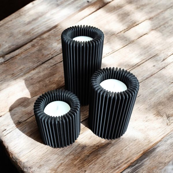 Oluklu Form Mumluk Üçlü Set — Heykelsi Doku — tealight mumluk set — ev dekor