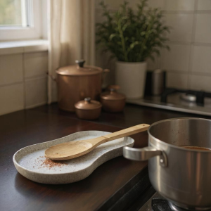 Organik Formlu Mutfak Tepsisi — Spatula ve Kaşık Altlığı — heykelsi mutfak altlığı — minimal mutfak dekoru