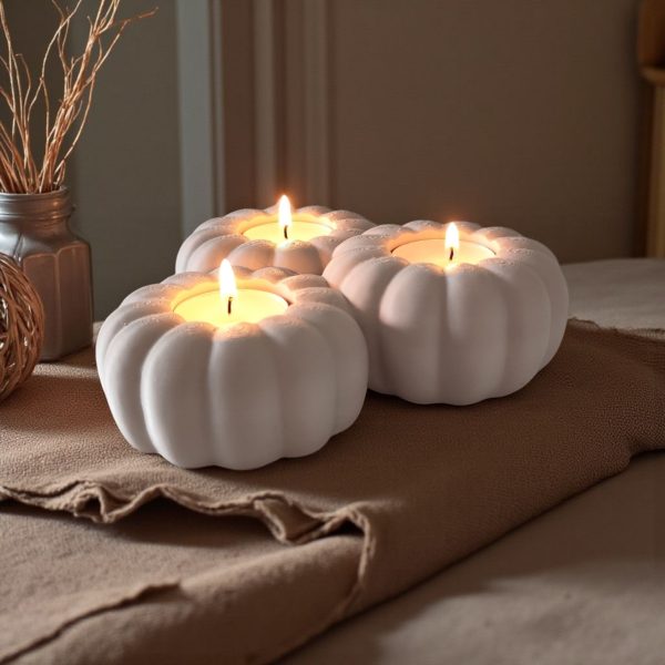 Kabak Formlu Üçlü Tealight Tutucu | Heykelsi Sonbahar Dekoru — kirik-beyaz