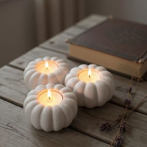 Kabak Formlu Üçlü Tealight Tutucu | Heykelsi Sonbahar Dekoru — kirik-beyaz