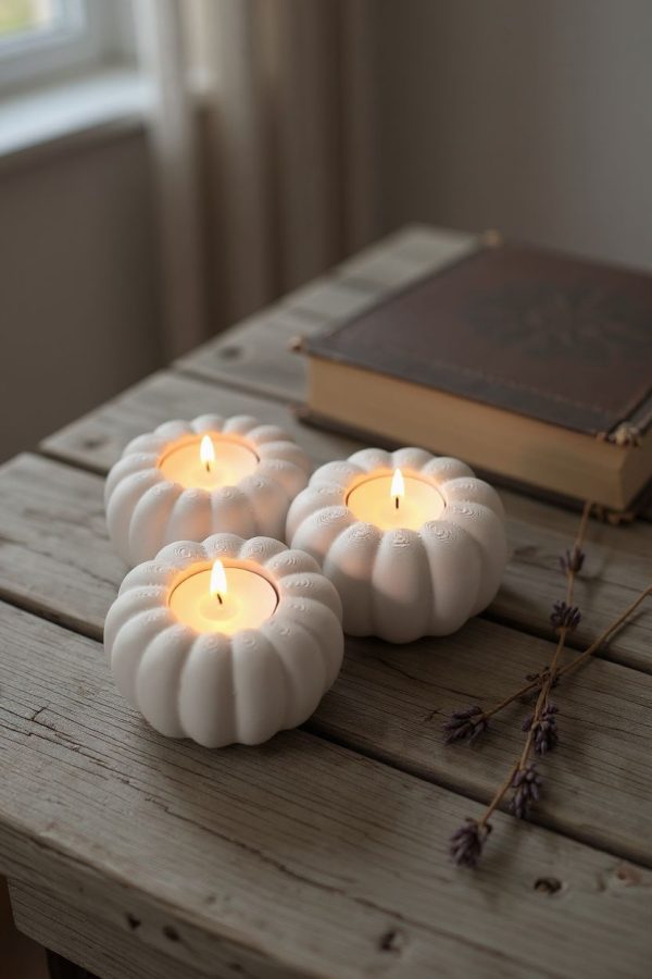 Kabak Formlu Üçlü Tealight Tutucu | Heykelsi Sonbahar Dekoru — kirik-beyaz