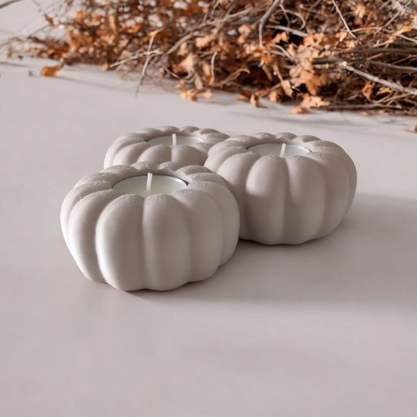Kabak Formlu Üçlü Tealight Tutucu | Heykelsi Sonbahar Dekoru — kirik-beyaz