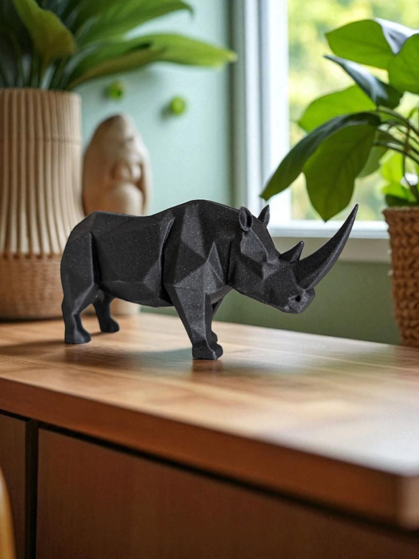 Geometrik Gergedan Heykeli — Low-Poly Form