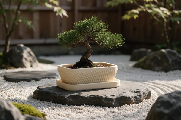 Oluklu Yüzey Bonsai Saksısı ve Altlık — kirik-beyaz