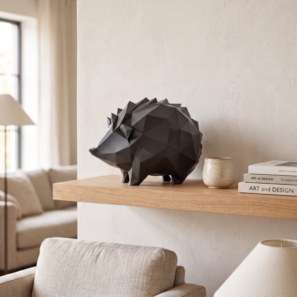 Geometrik Kirpi Heykeli — Low-Poly Form — antrasit