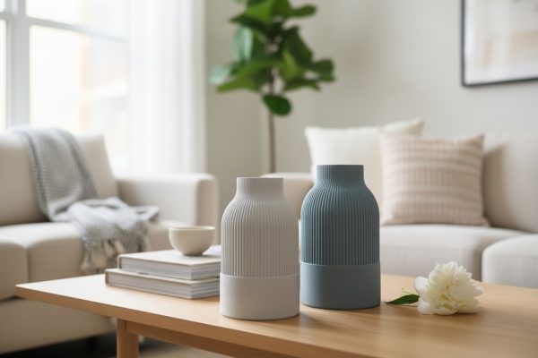 Sculptural Japandi cylinder vase with vertical fluted texture and a narrow neck