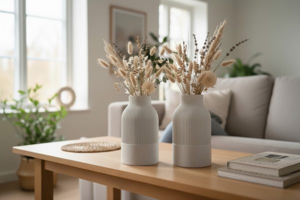 Sculptural Japandi cylinder vase with vertical fluted texture and a narrow neck Sculptural Japandi cylinder vase with vertical fluted texture and a narrow neck
