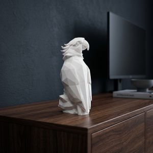 Geometrik Papağan Heykeli — Low Poly Form — kirik-beyaz