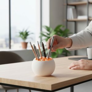 Küresel Formlu Kalemlik — Doku Kontrastlı Masa Objesi — dijital zanaat