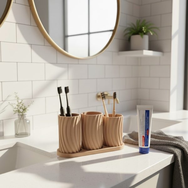 Dalgalı Dokulu Diş Fırçalığı Seti — Üç Hazneli — banyo aksesuar
