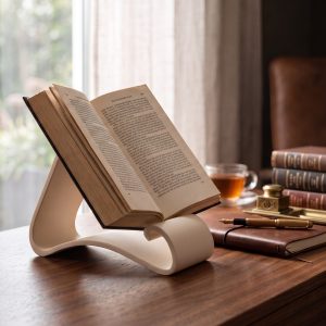 Dalgalı Form Kitap Standı — Üç İşlevli Heykelsi Tasarım — dalgalı kitap standı — çalışma masası dekoru