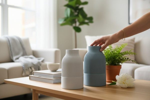Sculptural Japandi cylinder vase with vertical fluted texture and a narrow neck