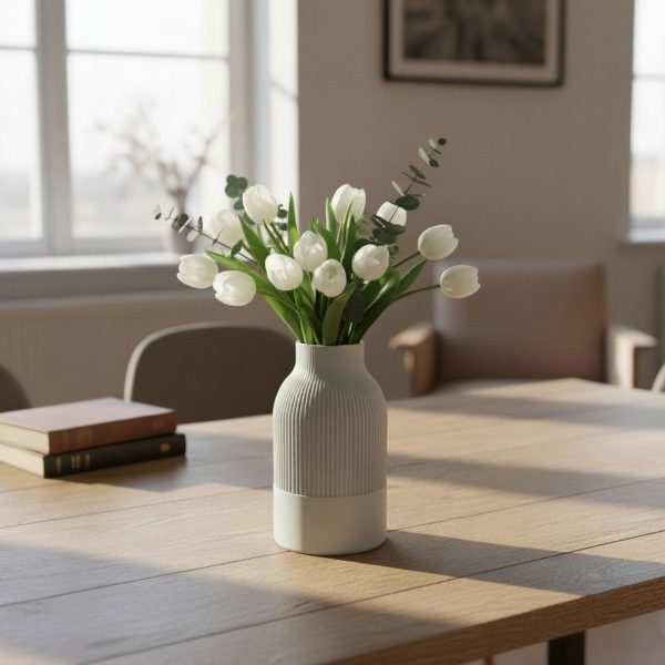 Sculptural Japandi cylinder vase with vertical fluted texture and a narrow neck