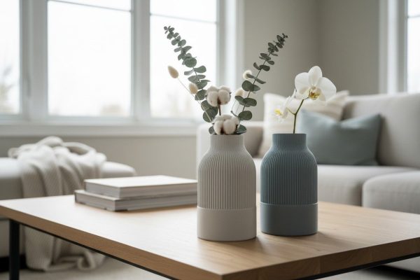 Sculptural Japandi cylinder vase with vertical fluted texture and a narrow neck