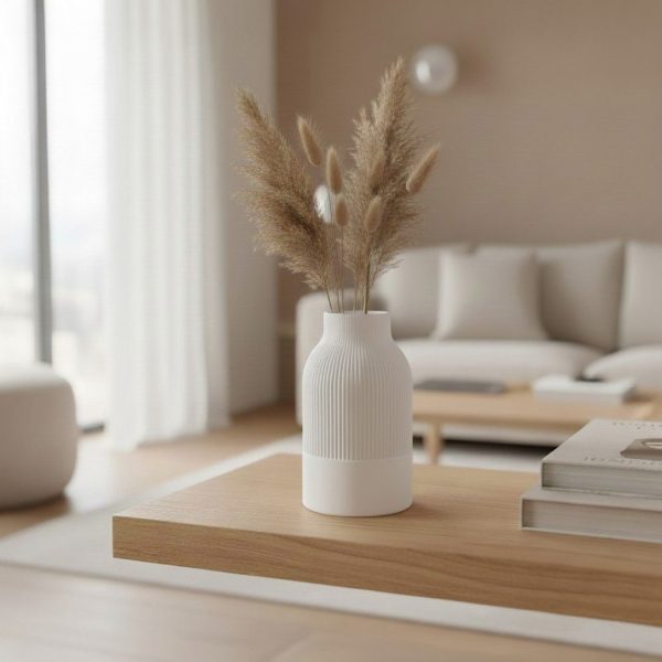 Sculptural Japandi cylinder vase with vertical fluted texture and a narrow neck