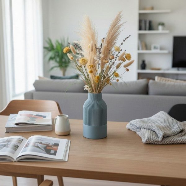 Sculptural Japandi cylinder vase with vertical fluted texture and a narrow neck