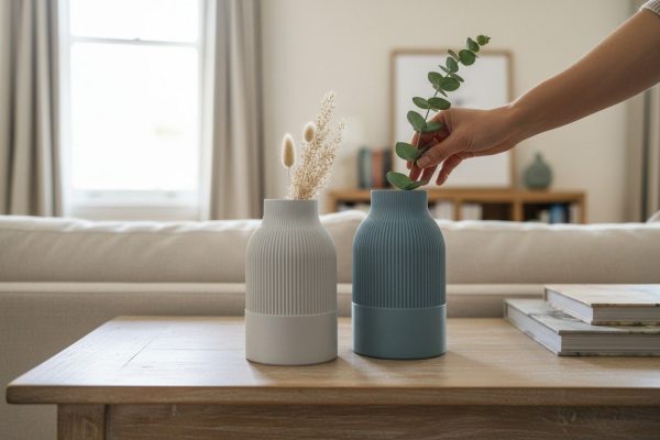 Sculptural Japandi cylinder vase with vertical fluted texture and a narrow neck