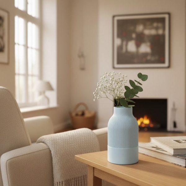 Sculptural Japandi cylinder vase with vertical fluted texture and a narrow neck