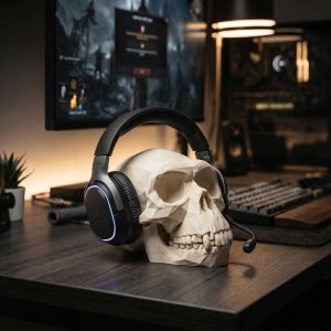 Low Poly Maymun Kafatası Kulaklık Standı Heykeli — low-poly kafatası heykel — çalışma odası